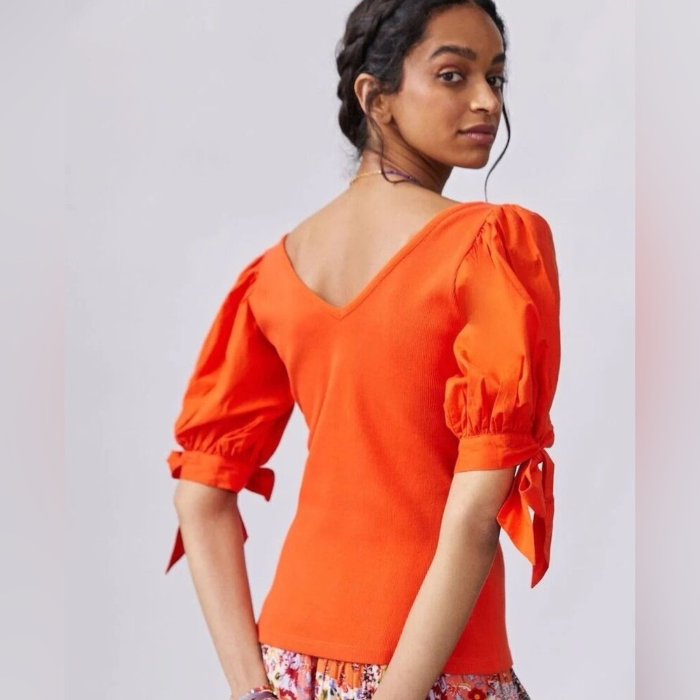 Maeve Anthropologie S Womens Orange Puff Sleeve Top V Neck & Back Ribbed Blouse